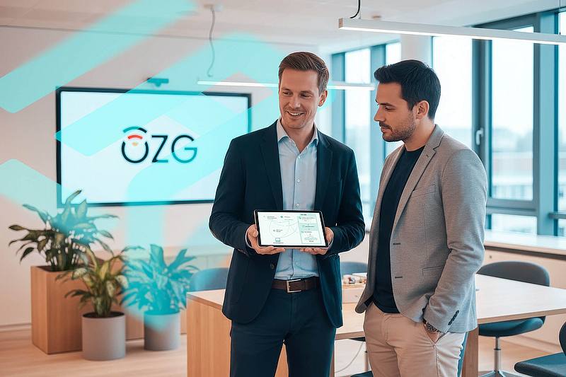 zwei Männer unterhalten sich in einem Büro vor einem großen Monitor an der Wand mit dem Logo OZG