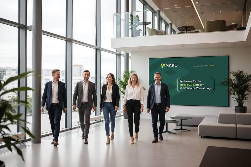 SAKD Mitarbeiter laufen durch einen Raum mit großen Fenstern und SAKD Banner im Hintergrund