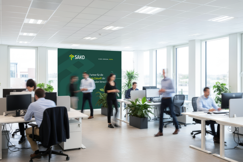 Heller Büroraum mit vielen Schreibtischen und Mitarbeitern - SAKD Banner im Hintergrund zu sehen