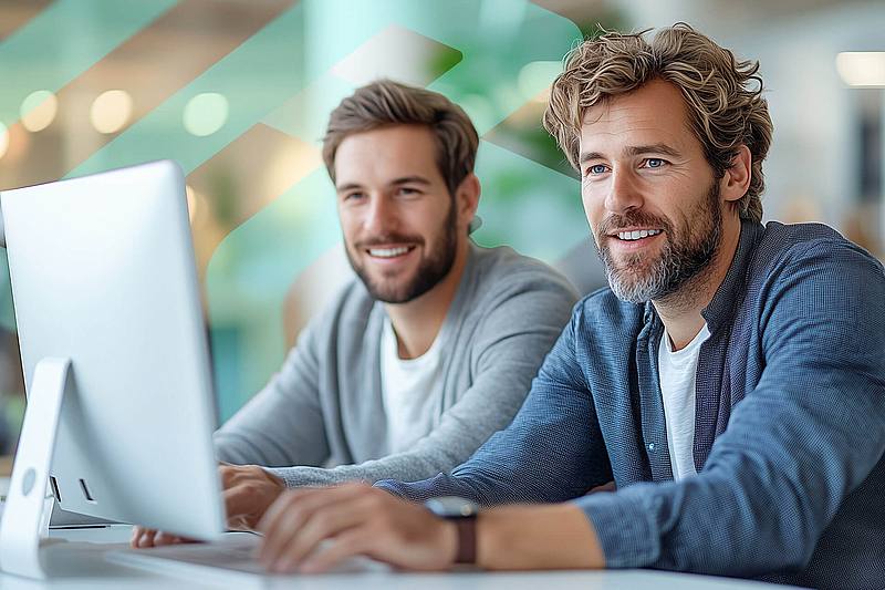 Zwei Männer schauen gemeinsam auf einen Monitor