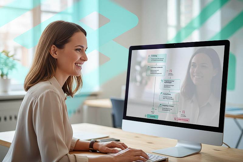 Junge Frau am Schreibtisch schaut sich eine Grafik der SAKD am Monitor an