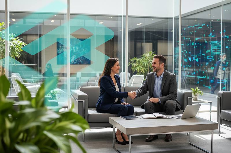 Meetingraum mit SAKD Logo - Frau und Mann in einem geschäftlichen Gespräch