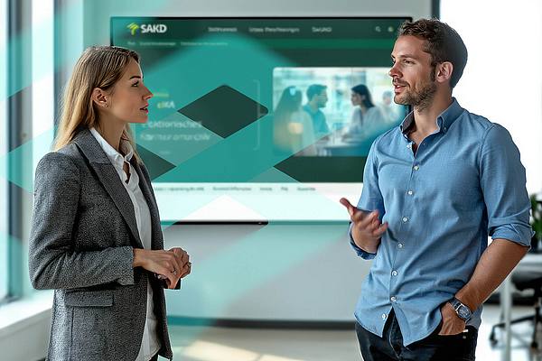 Eine Frau im Gespräch mit einem Mann einer Schulungssituation, im Hintergrund eine SAKD Präsentation
