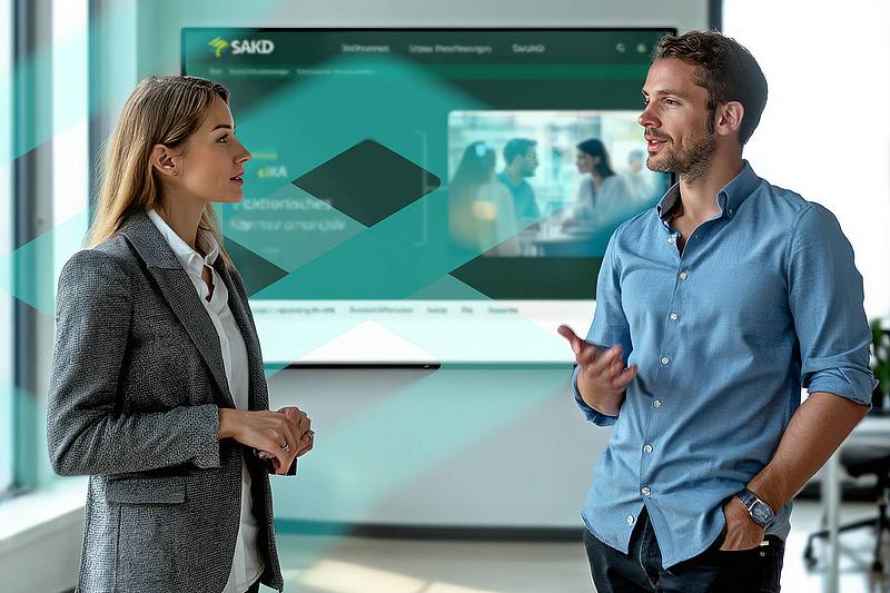 Eine Frau im Gespräch mit einem Mann einer Schulungssituation, im Hintergrund eine SAKD Präsentation