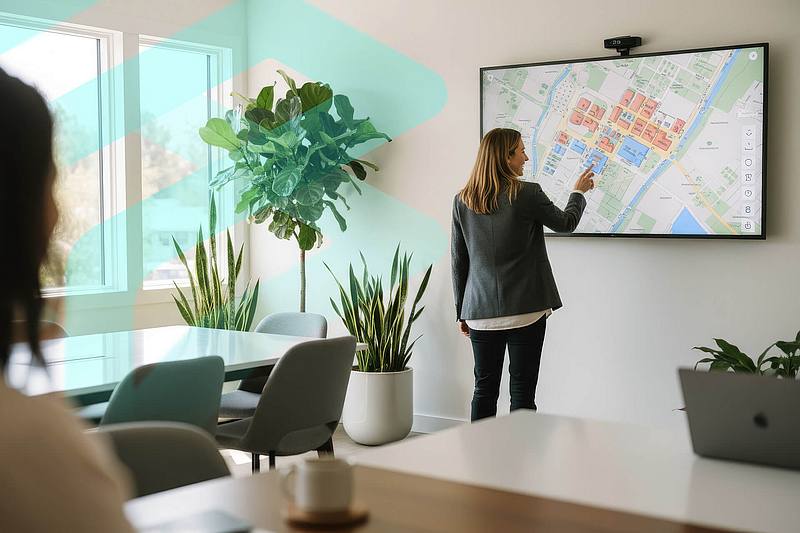 Eine Frau erklärt in einem Schulungsraum an einem großen Monitor die Geodaten